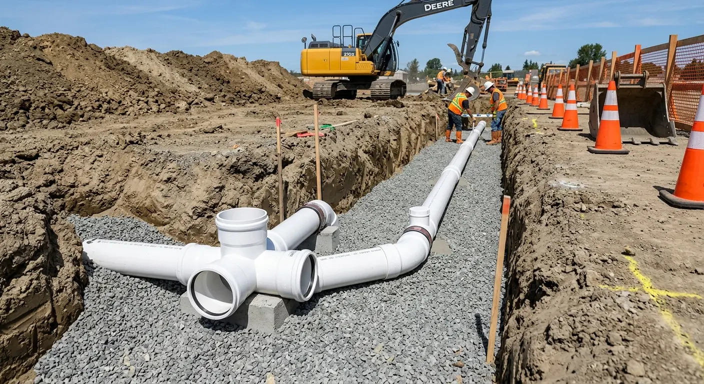 New PVC sewer pipe installation in open trench for Sewer Backup in Lake Lorraine