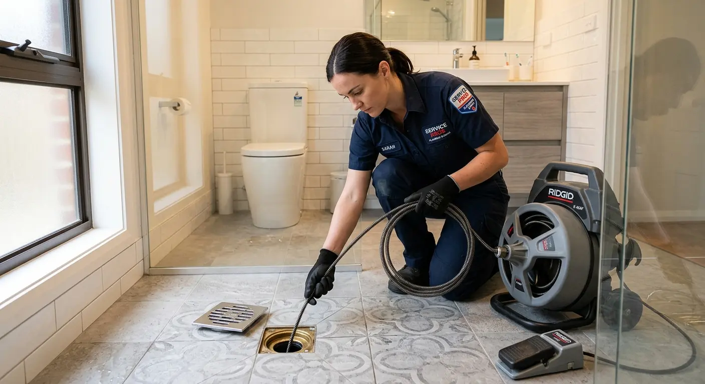 Technician clearing a bathroom floor drain for Hydro Jetting in Lake Lorraine